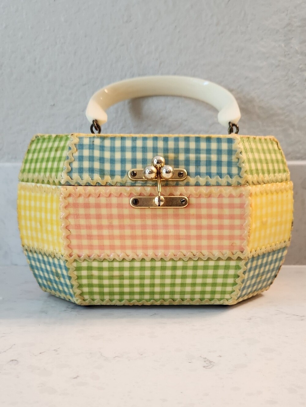 Pastel Gingham Patchwork Cosmetic Case with Cream Handle
